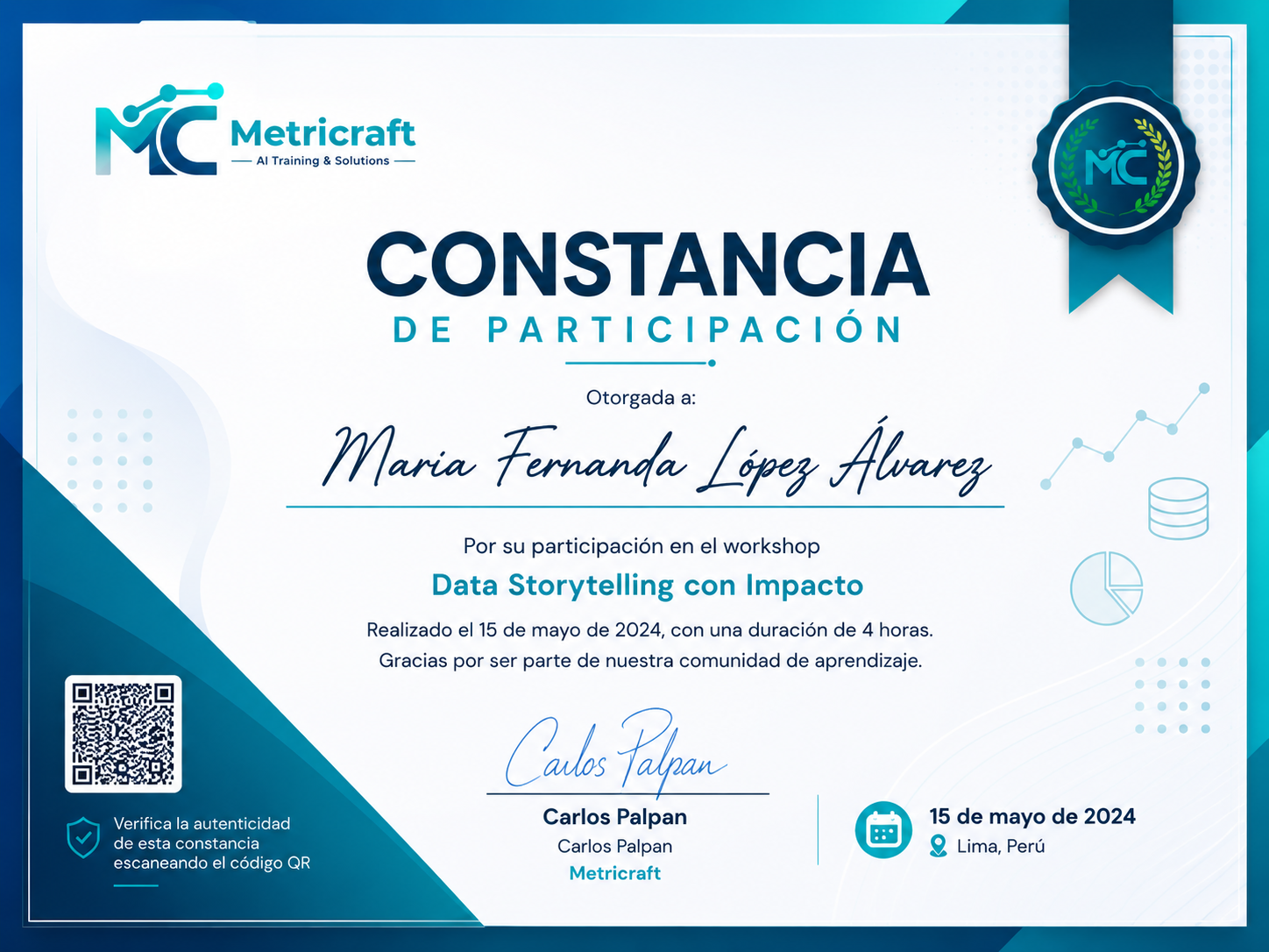 Ejemplo de constancia de participación Metricraft para Creación de asistentes de IA con Gems y NotebookLM para potenciar la productividad profesional